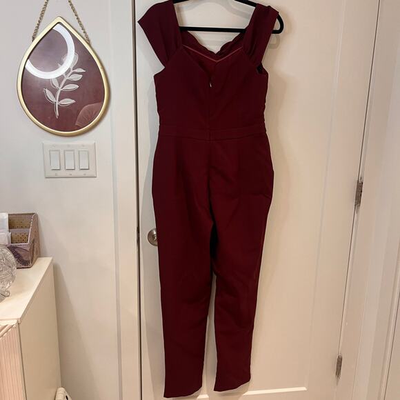 Adelyn Rae Burgundy Off the shoulder Karlie jumpsuit Size Medium - Picture 3 of 10